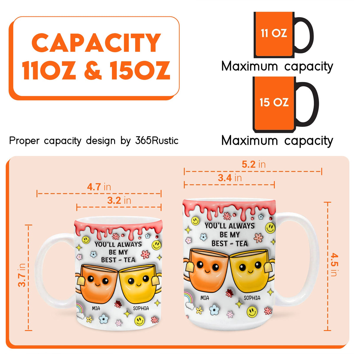 Personalized best friend mug featuring cheerful design and capacity details for 11oz and 15oz options