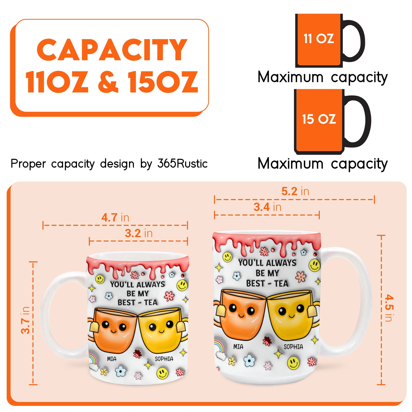 Personalized best friend mug featuring cheerful design and capacity details for 11oz and 15oz options