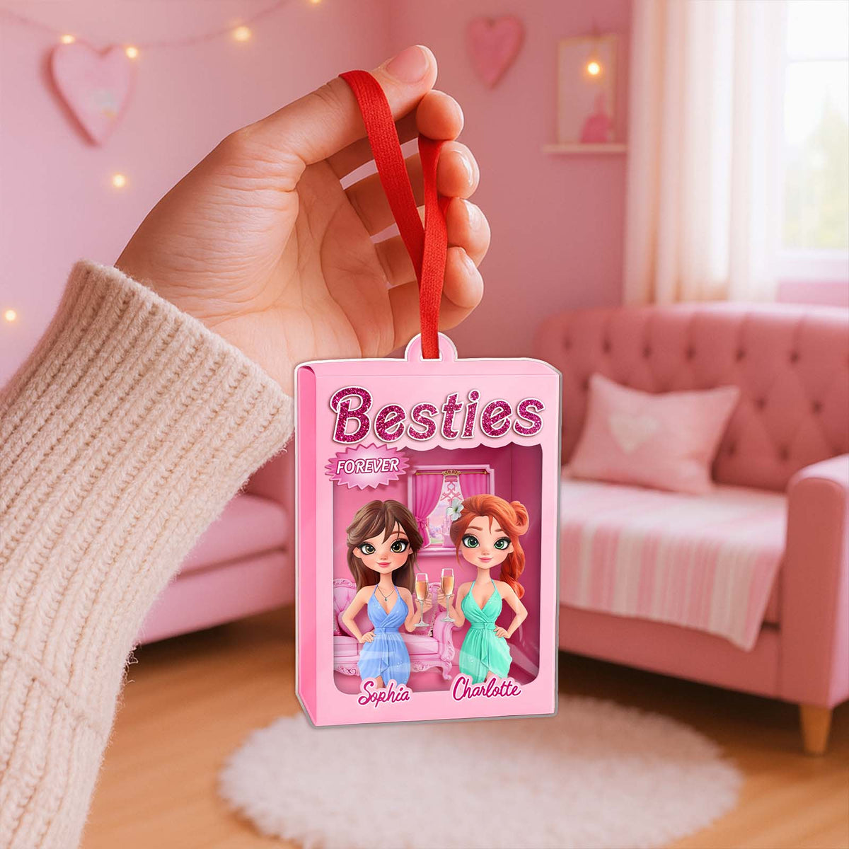 Personalized best friend ornament featuring cartoon girls with the text Besties Forever