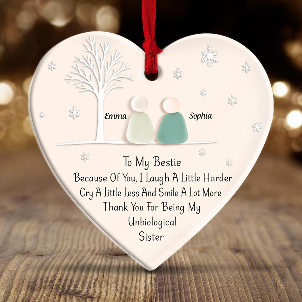 Personalized best friend ornament shaped like a heart with sentimental message for besties
