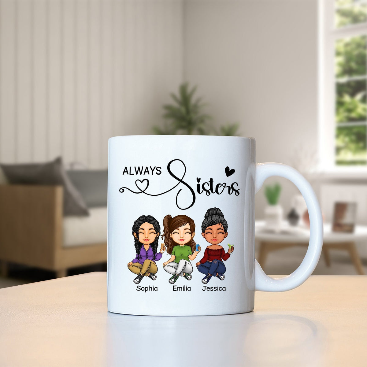 Personalized best friends mug featuring three cartoon characters with the text Always Sisters