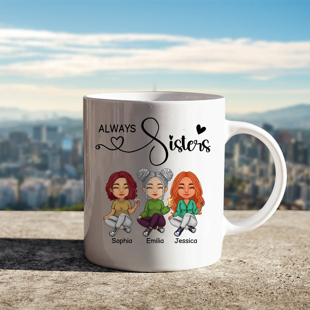 Personalized best friends mug featuring three illustrated friends with the text Always Sisters