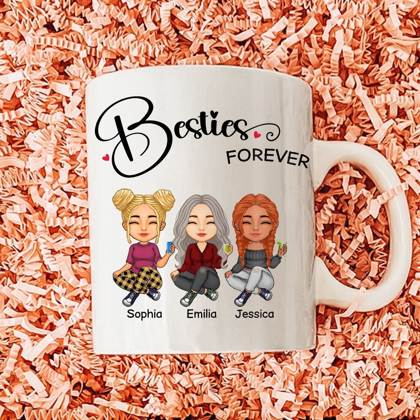 Personalized best friends mug featuring three cartoon girls with the text Besties Forever