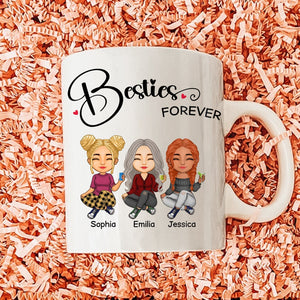 Personalized best friends mug featuring three cartoon girls with the text Besties Forever