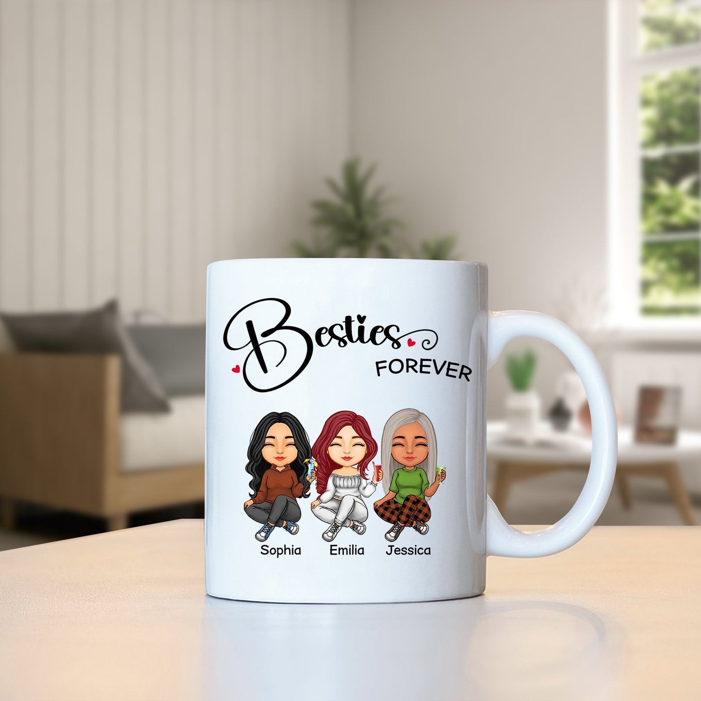 Personalized best friends mug featuring three cartoon characters named Sophia, Emilia, and Jessica