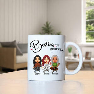 Personalized best friends mug featuring three cartoon characters named Sophia, Emilia, and Jessica