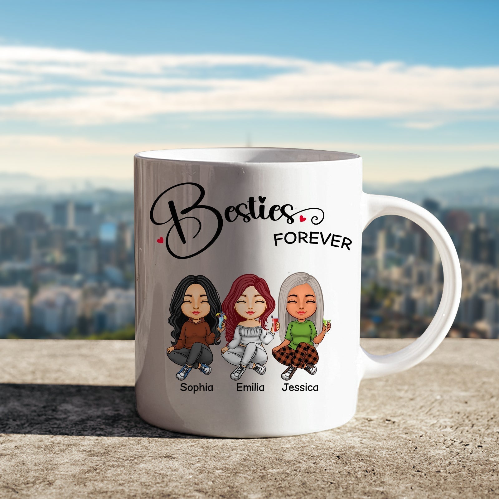 Personalized best friends mug featuring three cartoon characters with names Sophia, Emilia, and Jessica