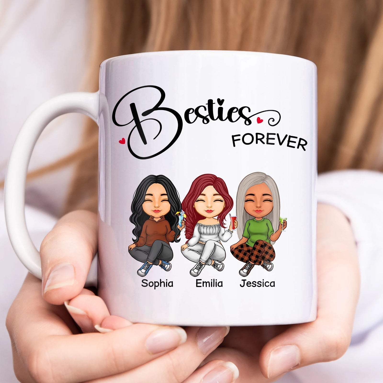 Personalized best friends mug featuring cartoon illustrations of three friends with names and 'Besties Forever' text