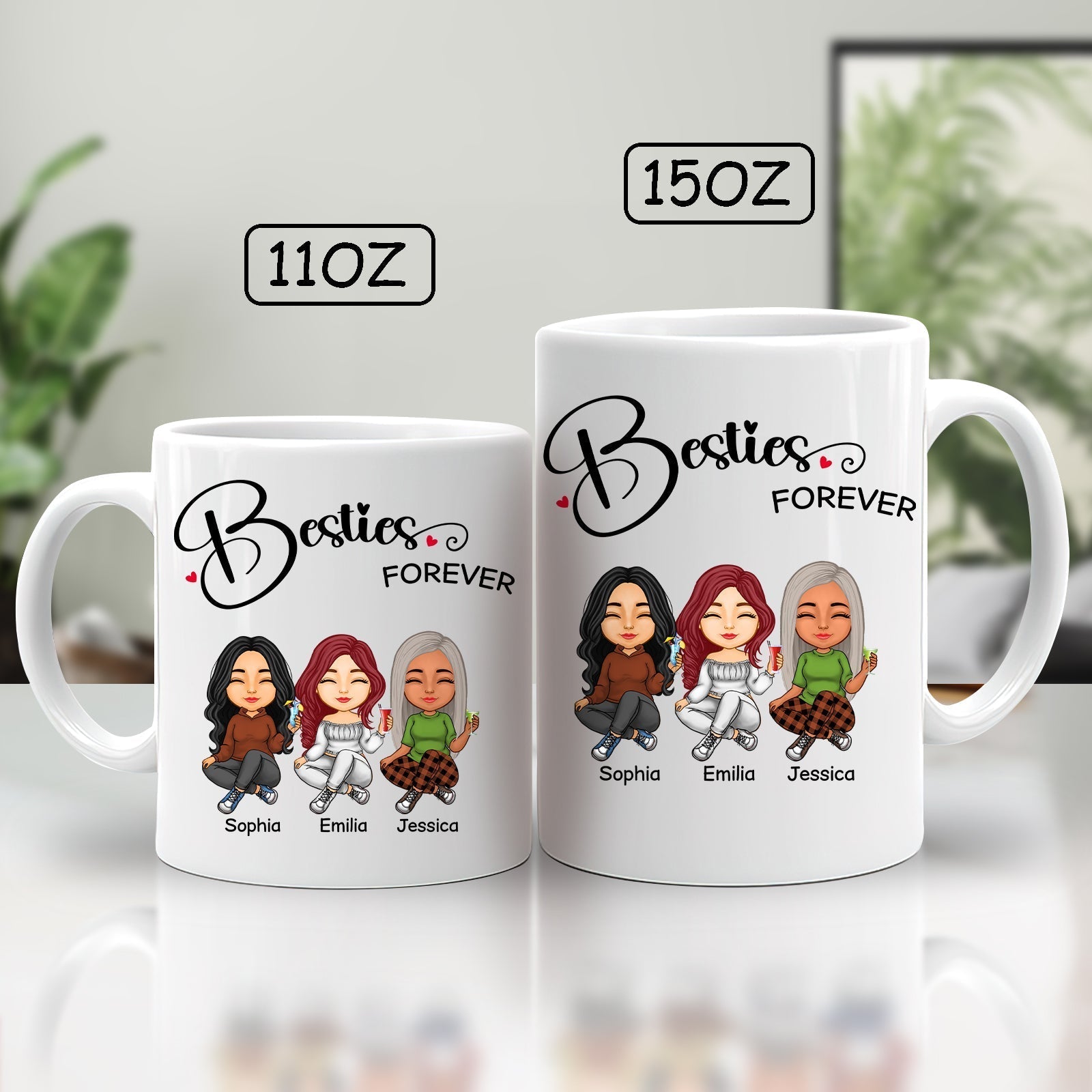 Personalized best friends mug featuring custom illustrations for Sophia, Emilia, and Jessica