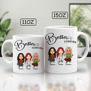 Personalized best friends mug featuring custom illustrations for Sophia, Emilia, and Jessica