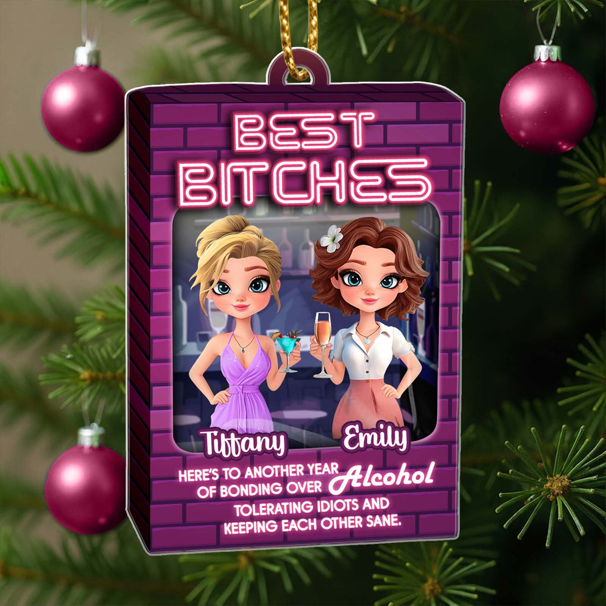 Personalized best friends ornament featuring two animated characters with drinks and a fun message