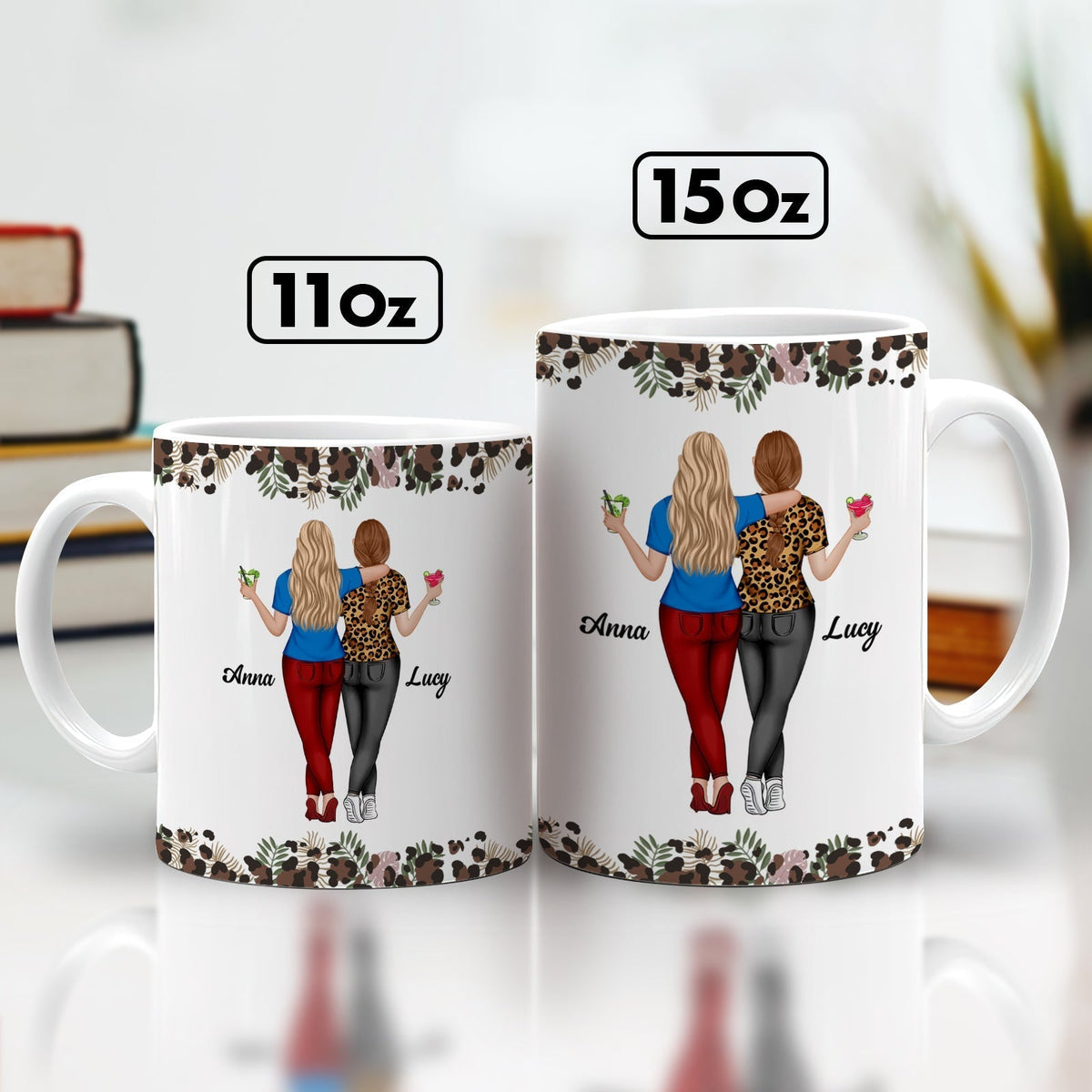 Personalized best mom mug featuring two women with names Anna and Lucy holding drinks, available in 11 oz and 15 oz sizes