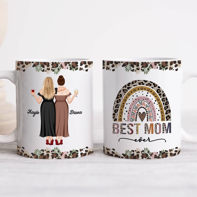 Personalized best mom mug featuring floral design and customizable names Kayle and Diana on each side