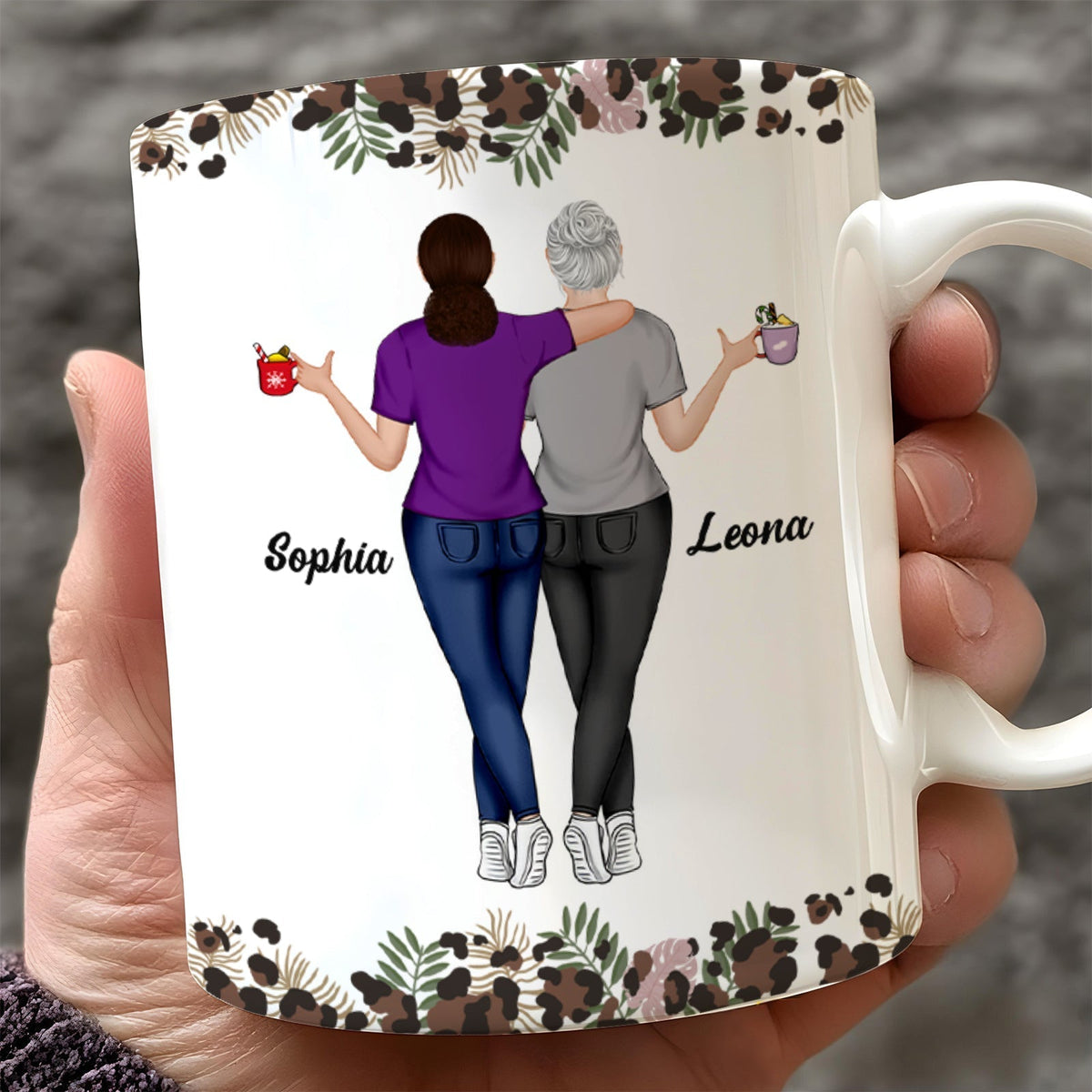 Personalized best mom mug featuring two women with custom names and a floral design