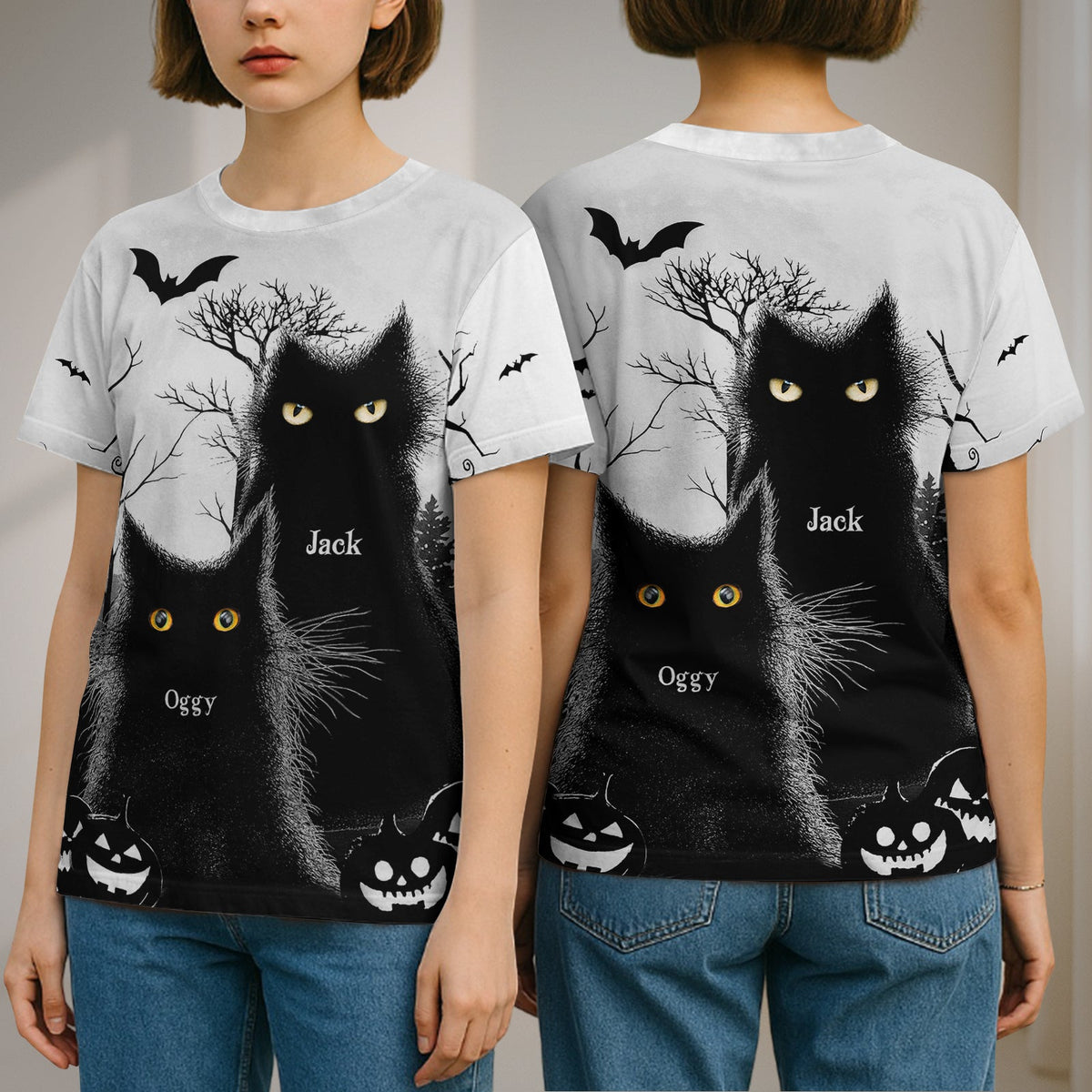 Personalized black cat Halloween shirt featuring cats named Jack and Oggy with spooky decorations