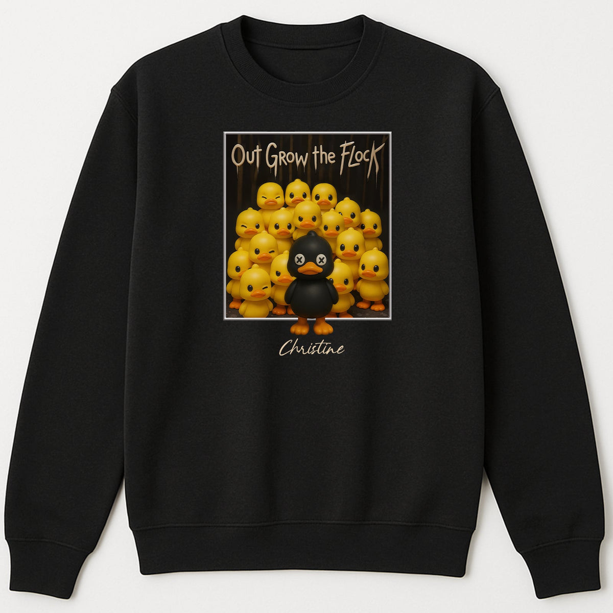 Personalized black duck shirt with custom name and cartoon ducks graphic on black sweatshirt