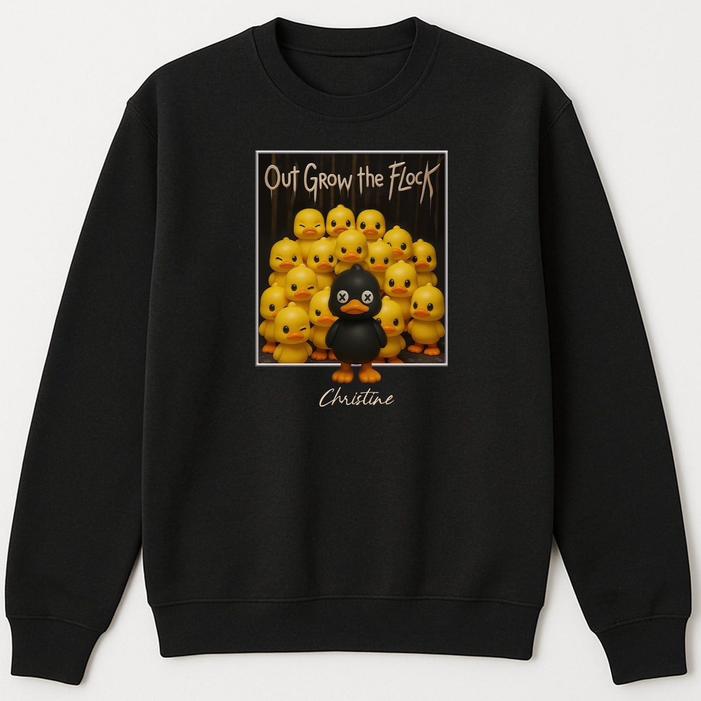 Personalized black duck shirt with custom name and cartoon ducks graphic on black sweatshirt
