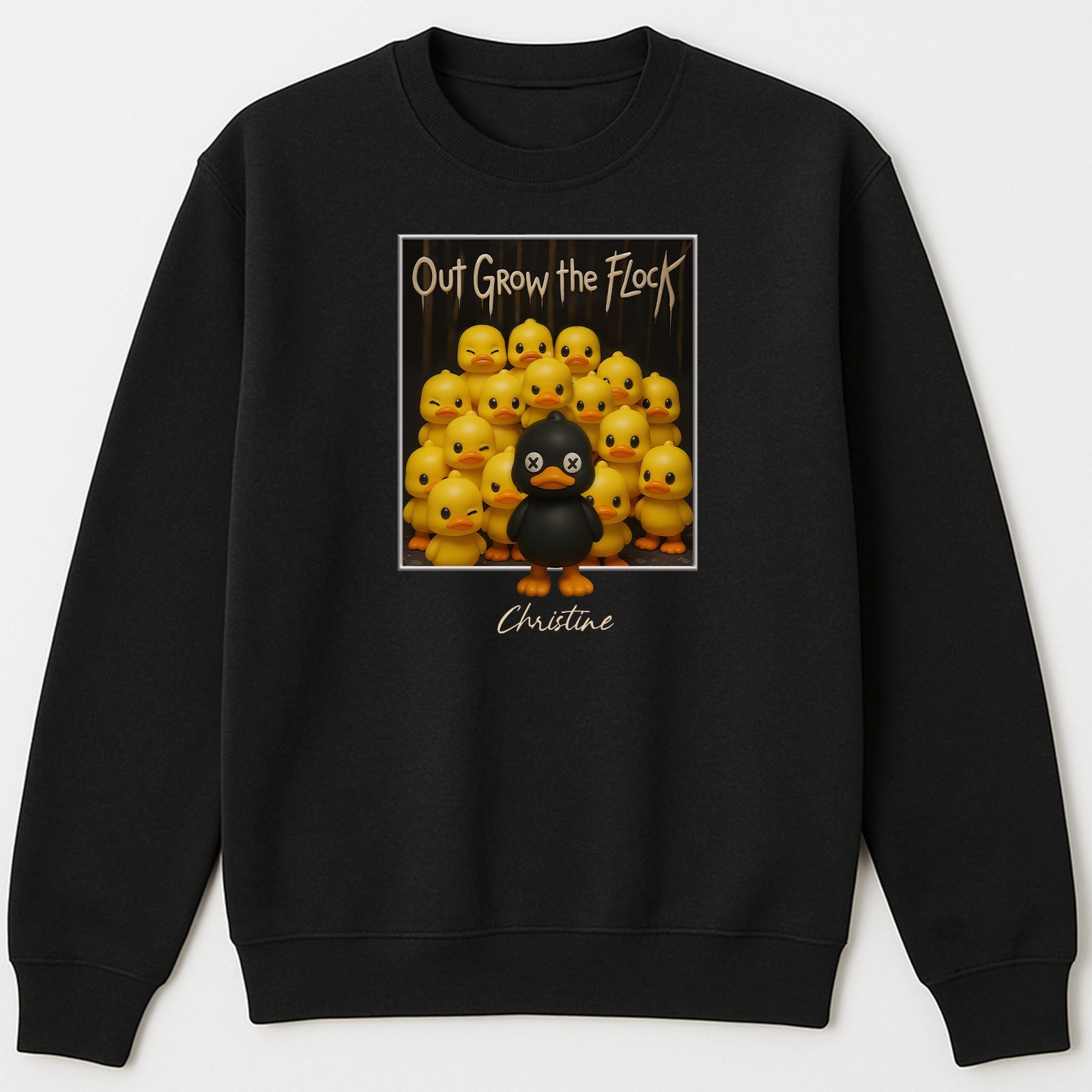 Personalized black duck shirt with custom name and cartoon ducks graphic on black sweatshirt