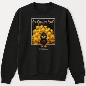 Personalized black duck shirt with custom name and cartoon ducks graphic on black sweatshirt