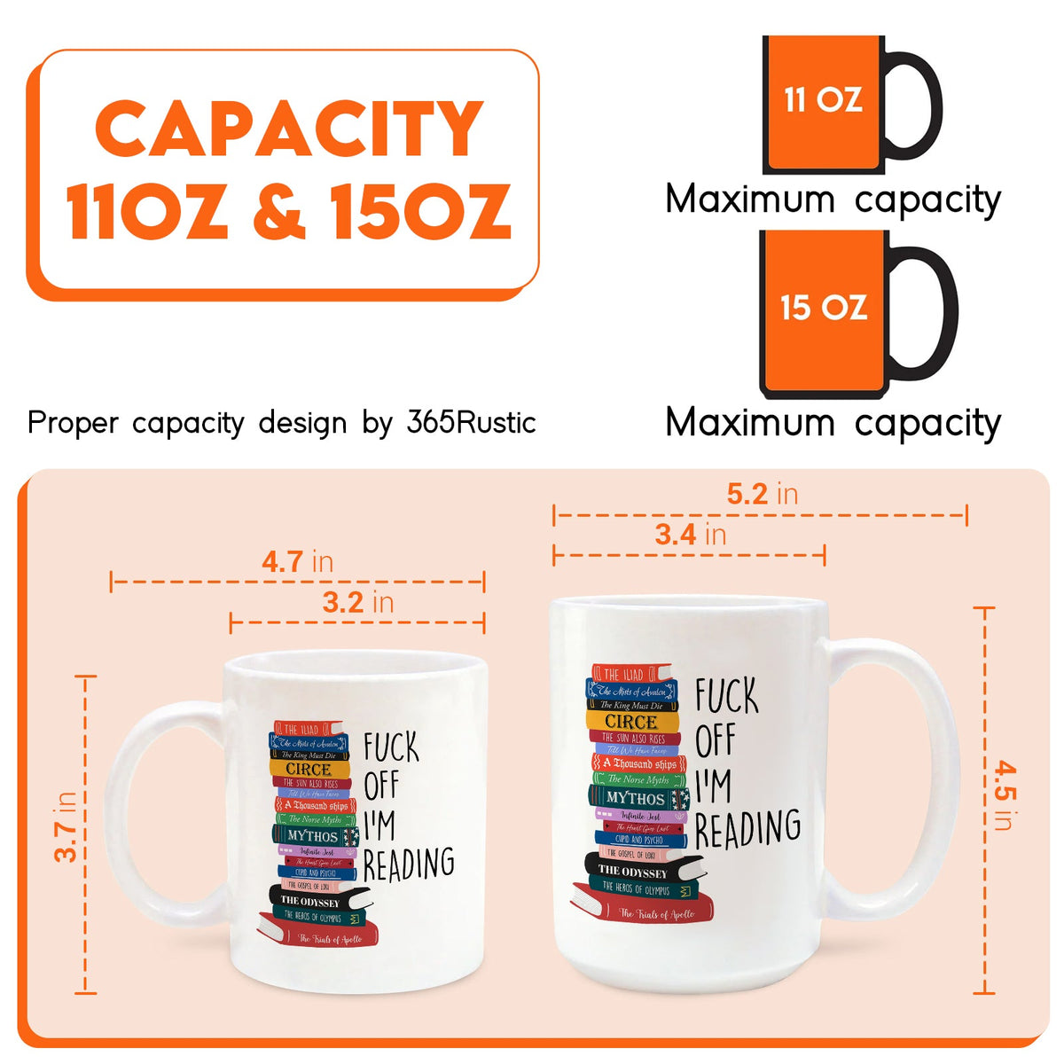 Personalized book lover mug with colorful stacked books graphic and reading message, available in 11 oz and 15 oz sizes