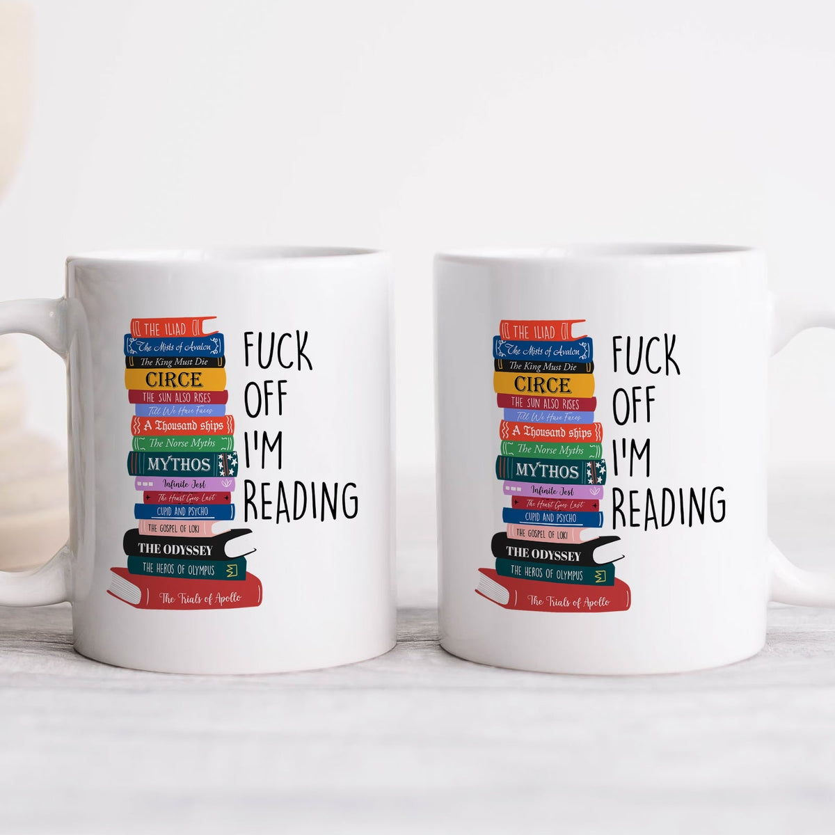 Personalized book lover mug featuring a stack of colorful books and a humorous reading quote