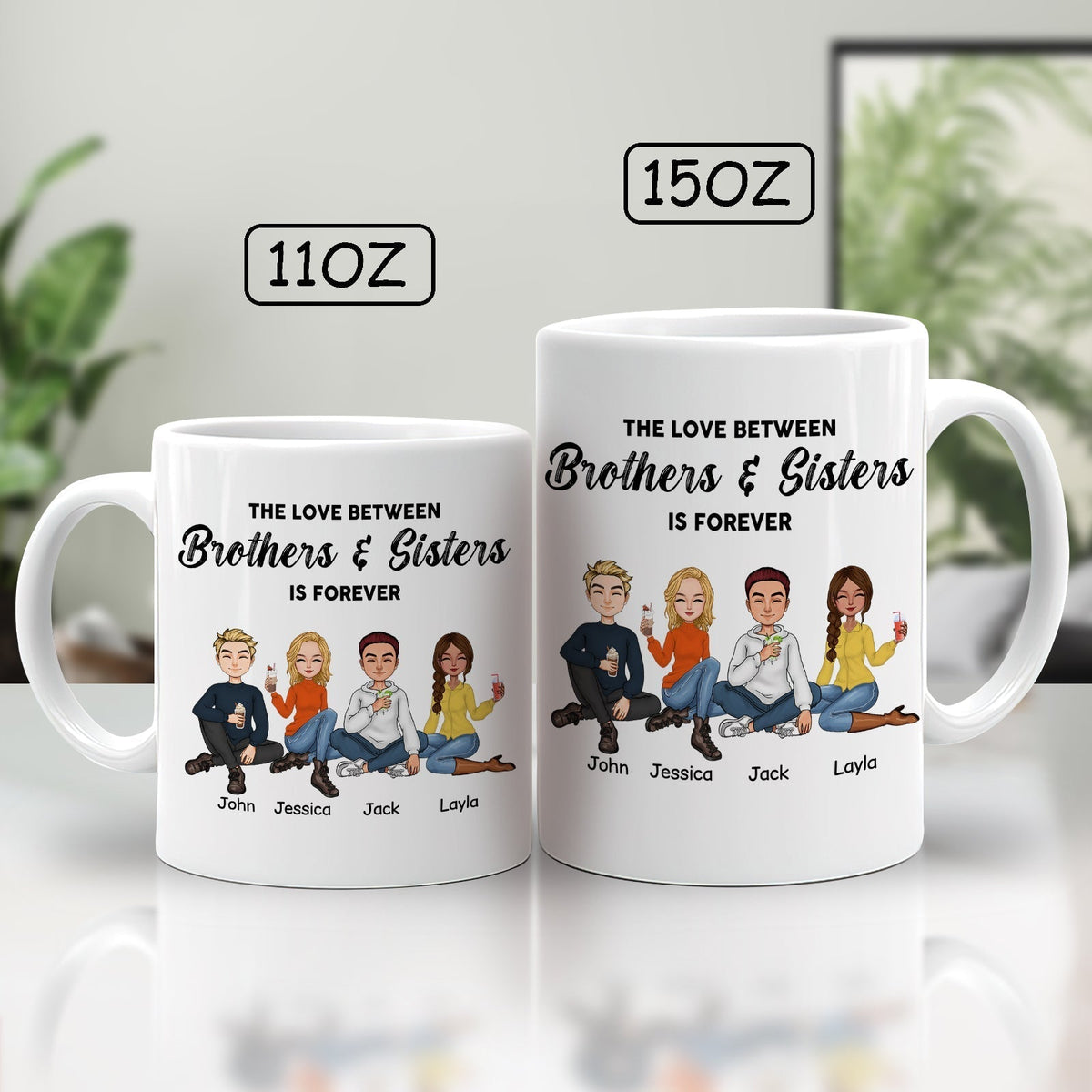 Personalized brothers and sisters mug featuring cartoon characters and the text The Love Between Brothers & Sisters Is Forever