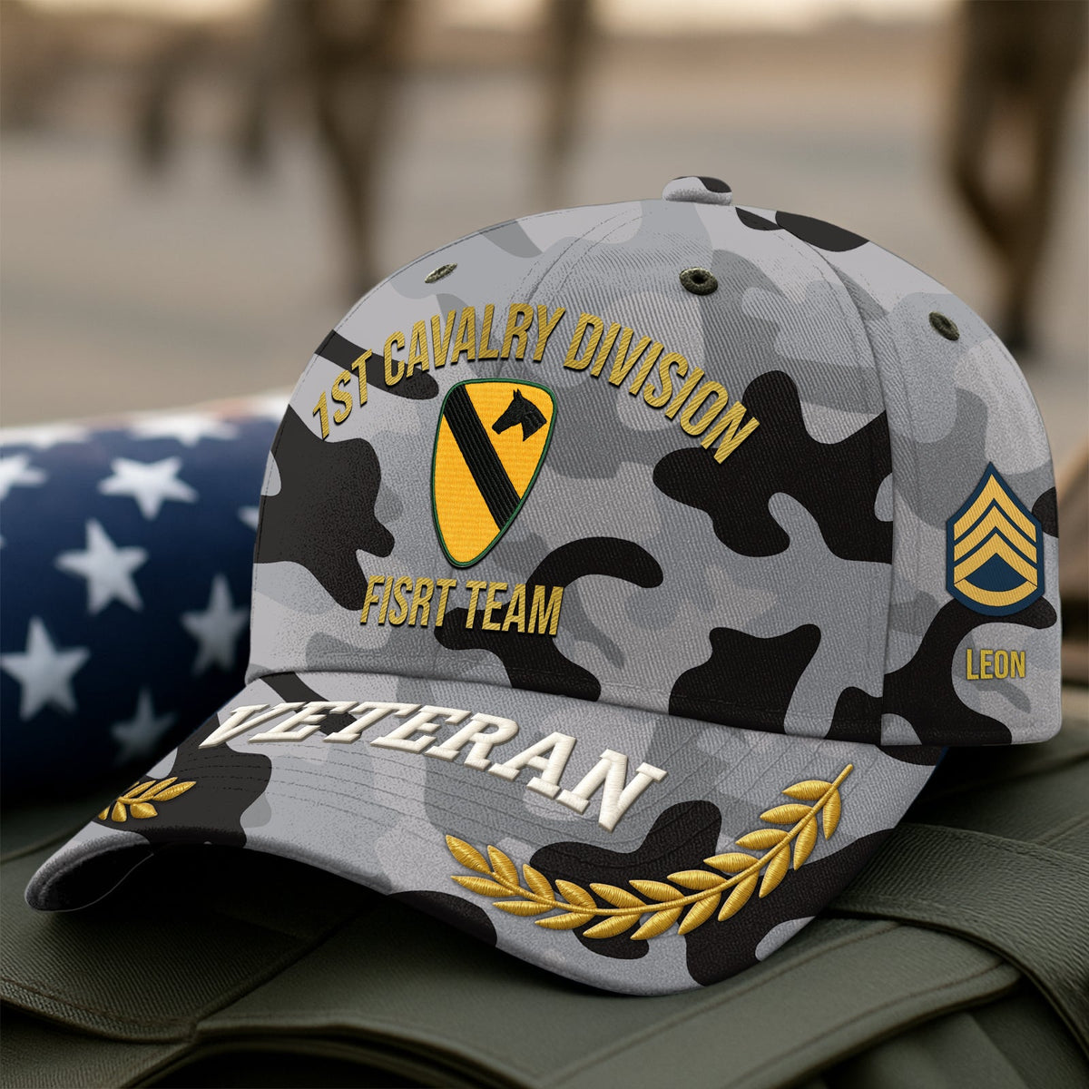 Personalized camo hat for veterans featuring 1st Cavalry Division emblem and gold lettering