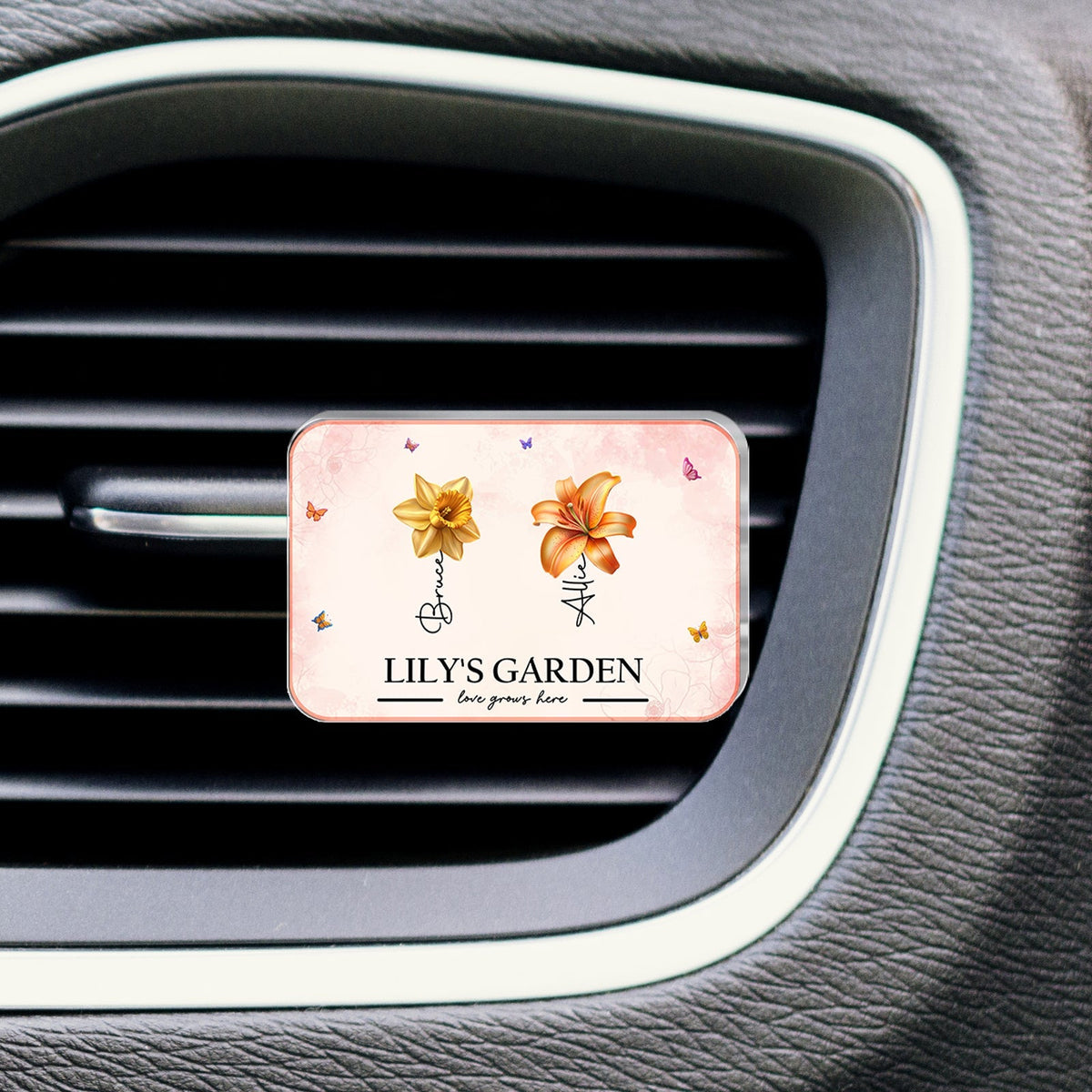 Personalized car vent clip with floral design and custom name for a stylish touch in your car