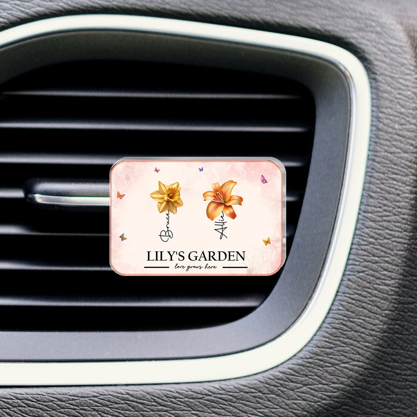 Personalized car vent clip with floral design and custom name for a stylish touch in your car