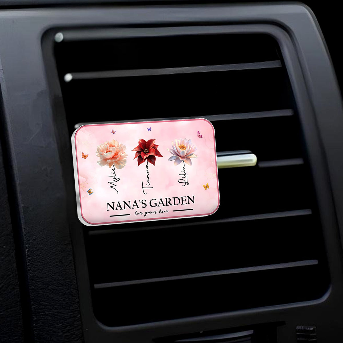 Personalized car vent clip with floral design and custom text for a unique gift