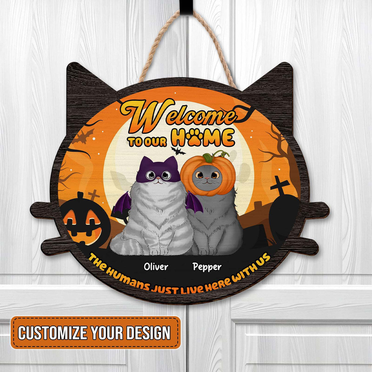 Personalized cat door sign featuring two adorable cats with a Halloween theme and customizable text