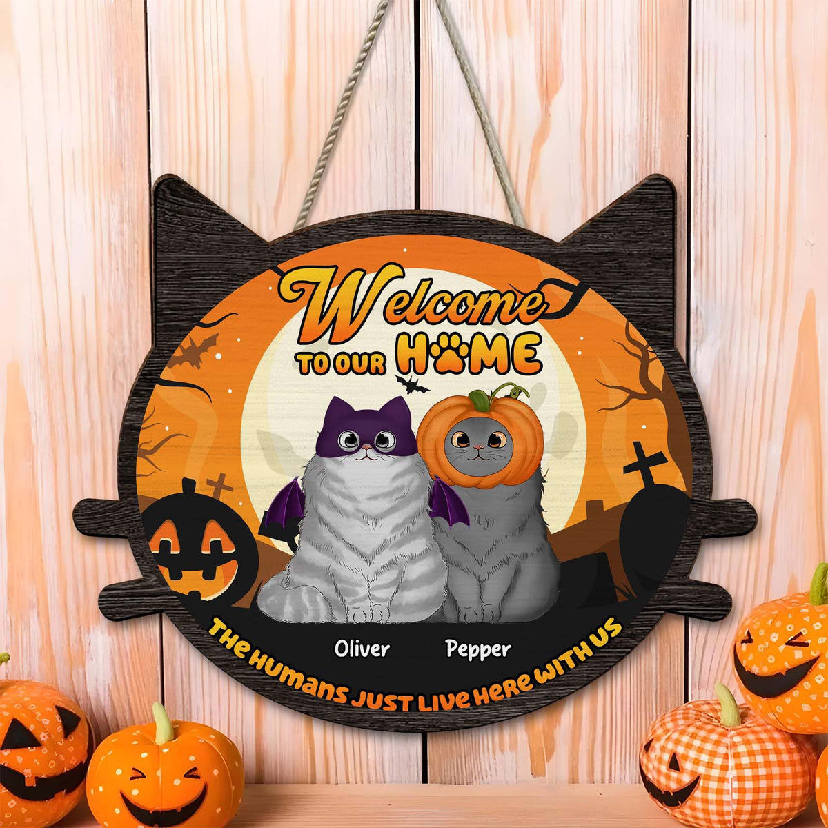 Personalized cat door sign featuring Oliver and Pepper with a Halloween theme and pumpkins