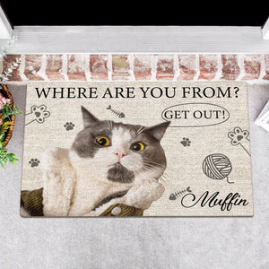 Funny personalized cat doormat with a questioning cat design and custom name Muffin