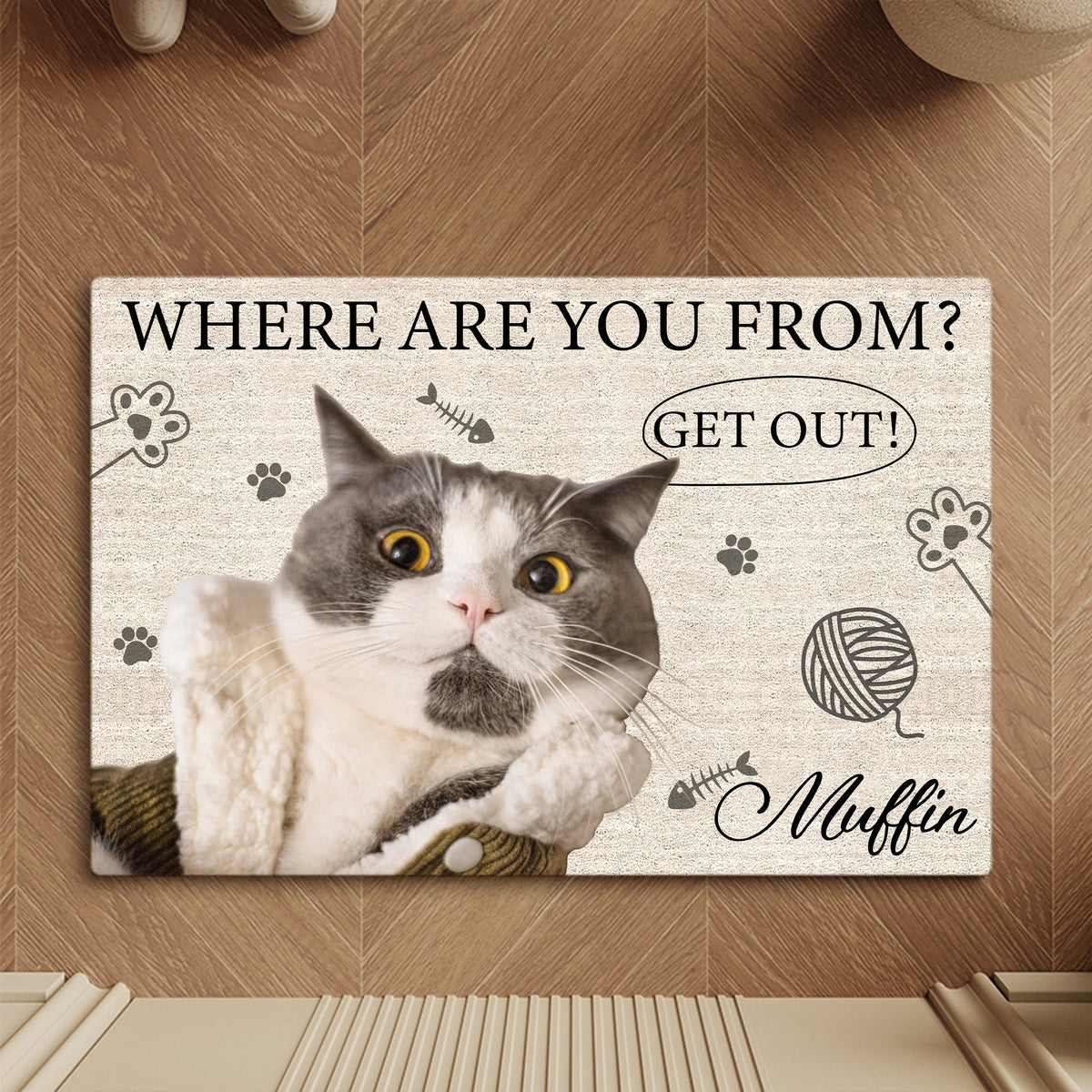 Personalized cat doormat featuring a humorous design with a cat and the text Where Are You From Get Out