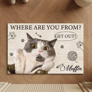 Personalized cat doormat featuring a humorous design with a cat and the text Where Are You From Get Out