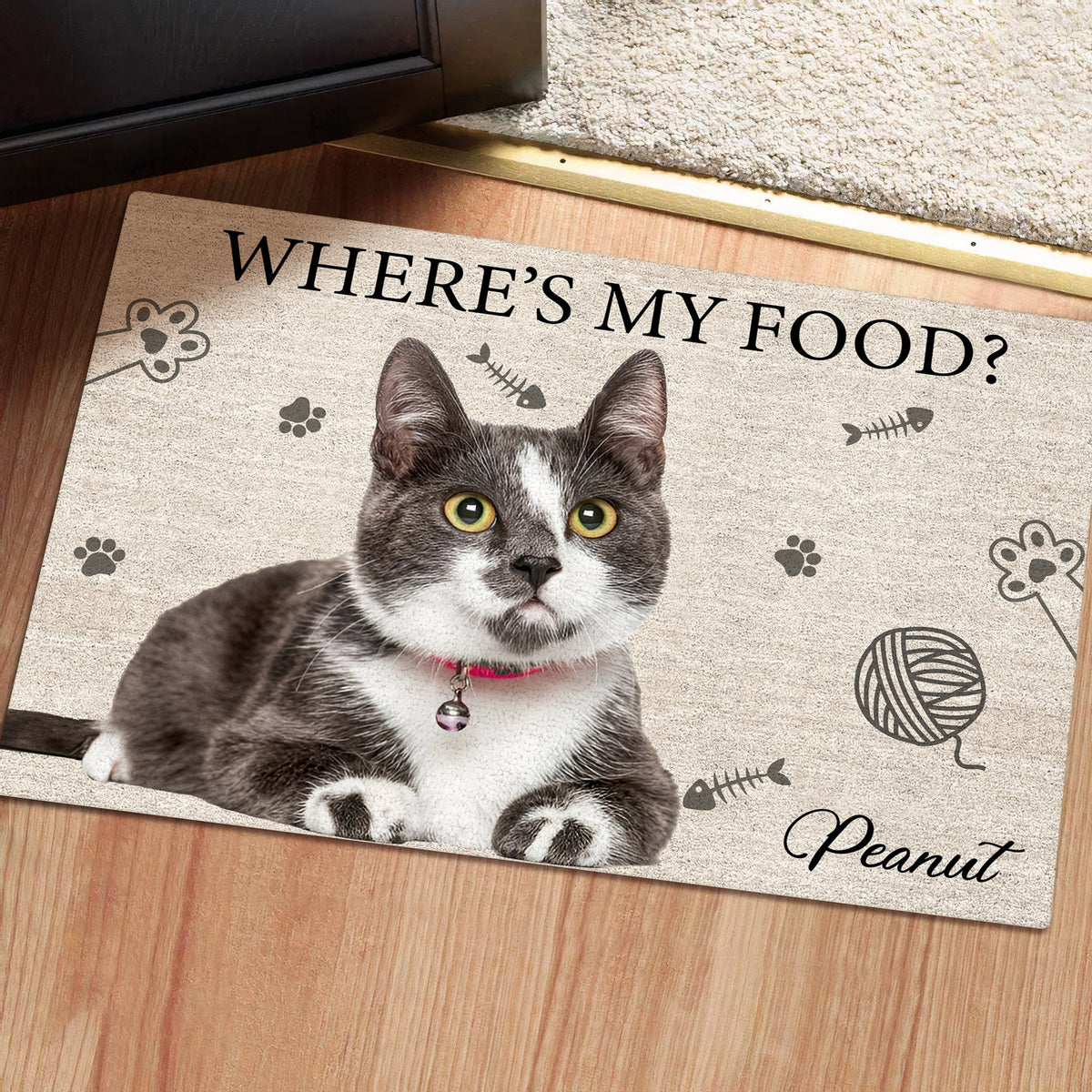 Personalized cat doormat featuring a cat and text that says Where's My Food? with space for a name