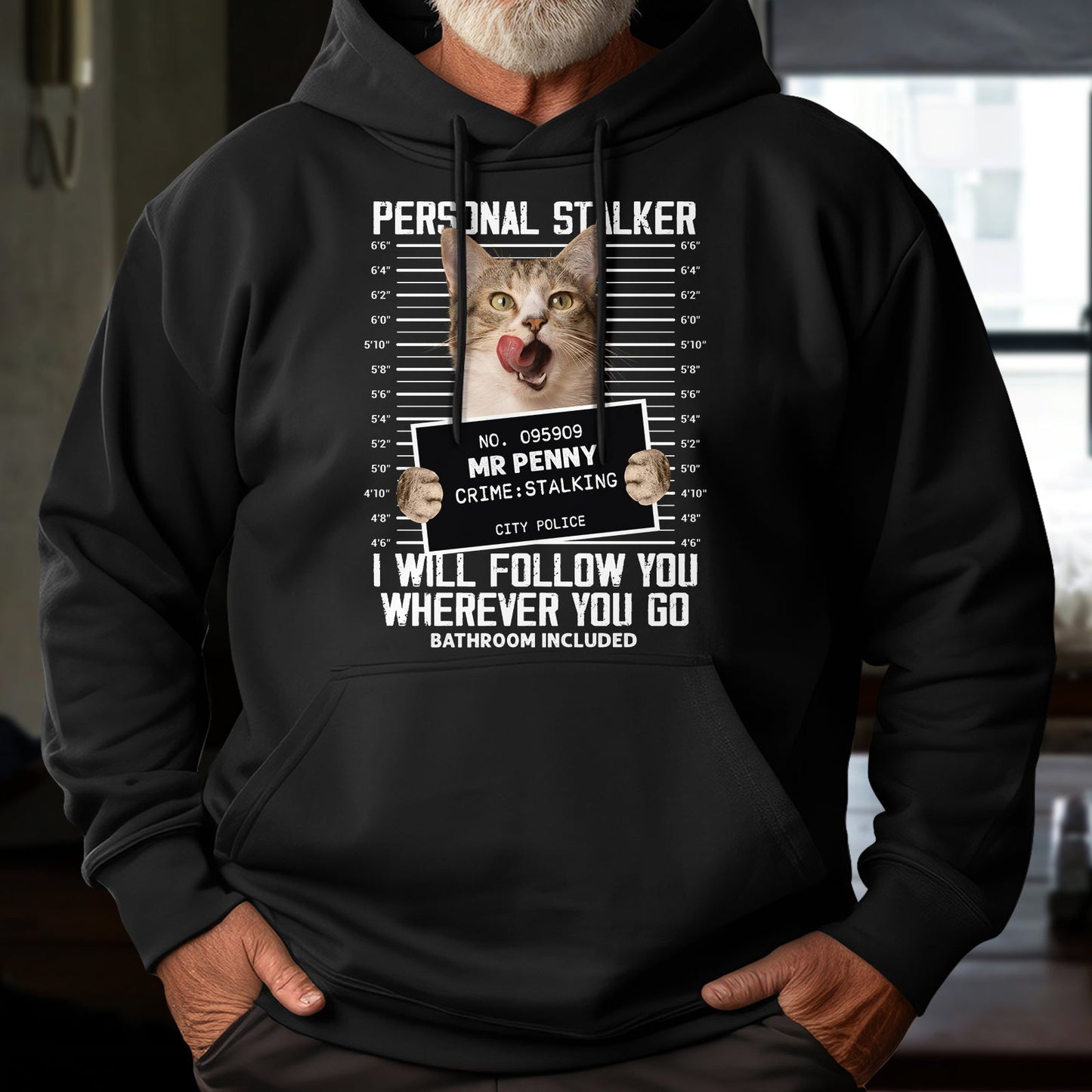 Black hoodie featuring a personalized cat lover shirt design with a funny cat mugshot graphic
