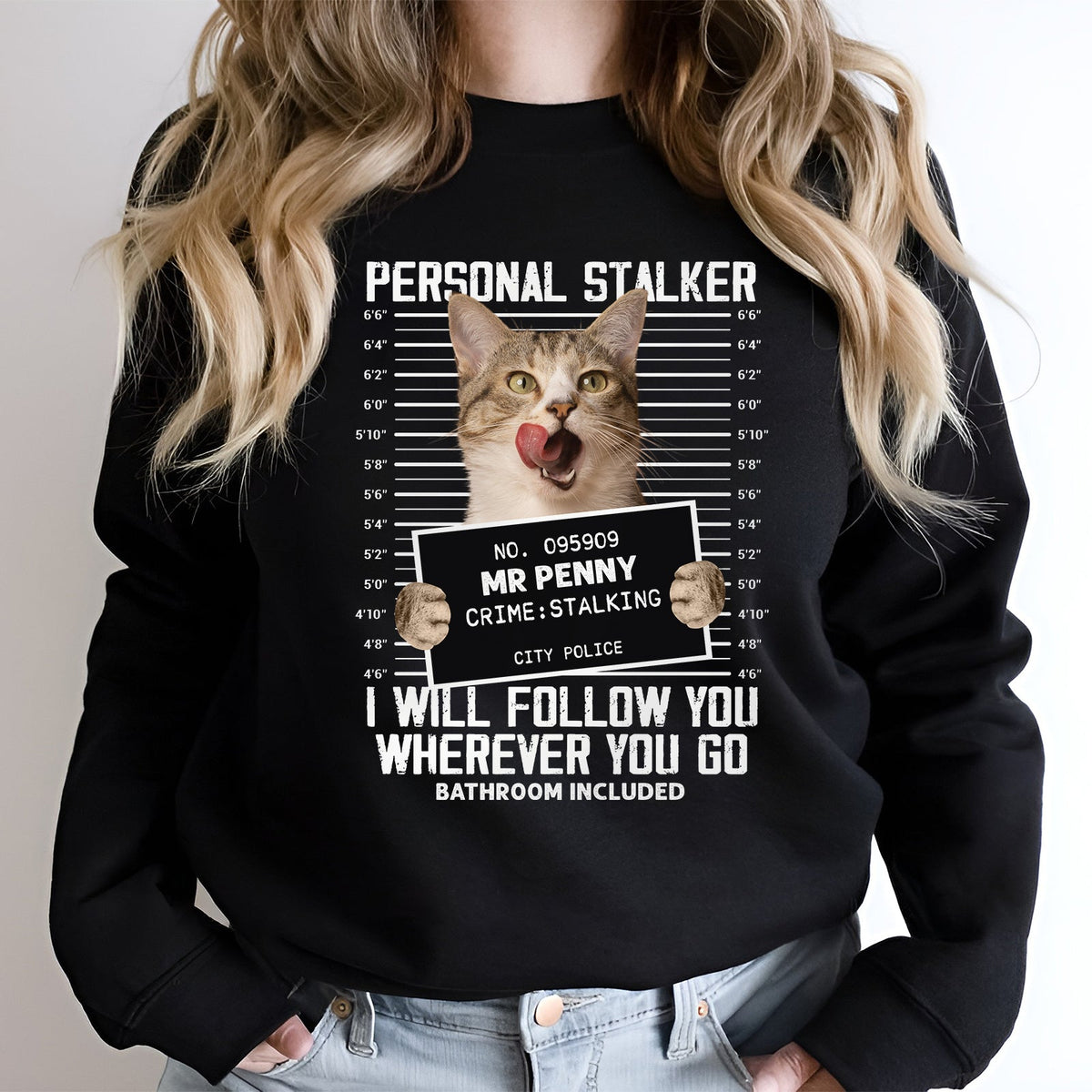Black personalized cat lover shirt with funny mugshot cat graphic and humorous text