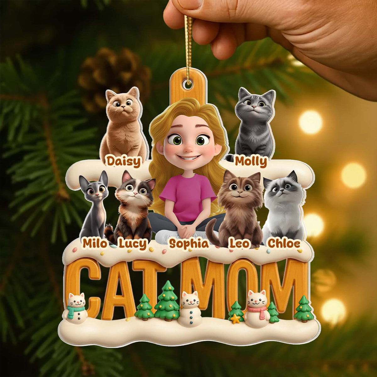 Personalized cat mom Christmas ornament featuring a woman with her cats and festive decorations