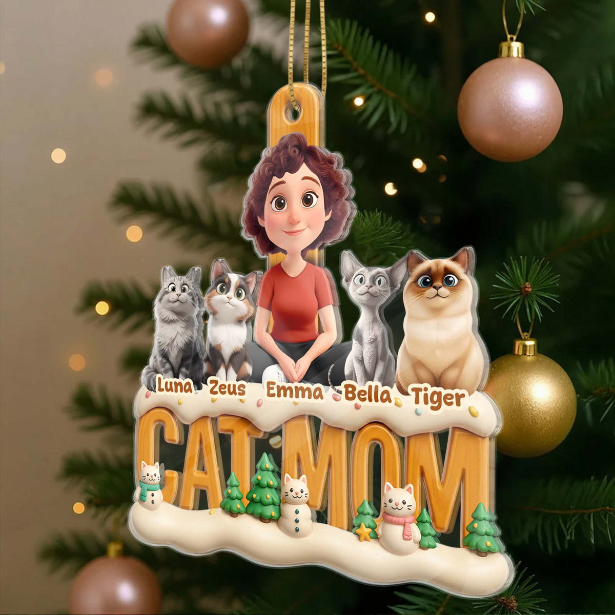 Personalized cat mom Christmas ornament with a woman and four cartoon cats on a festive background