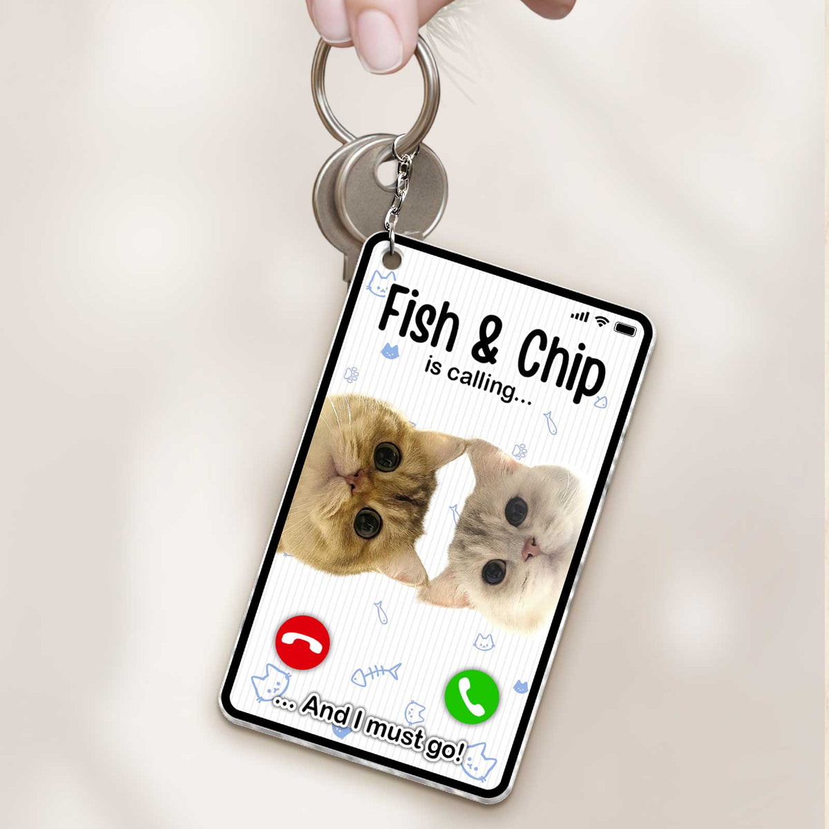 Personalized cat photo keychain featuring two adorable cats and a phone interface design