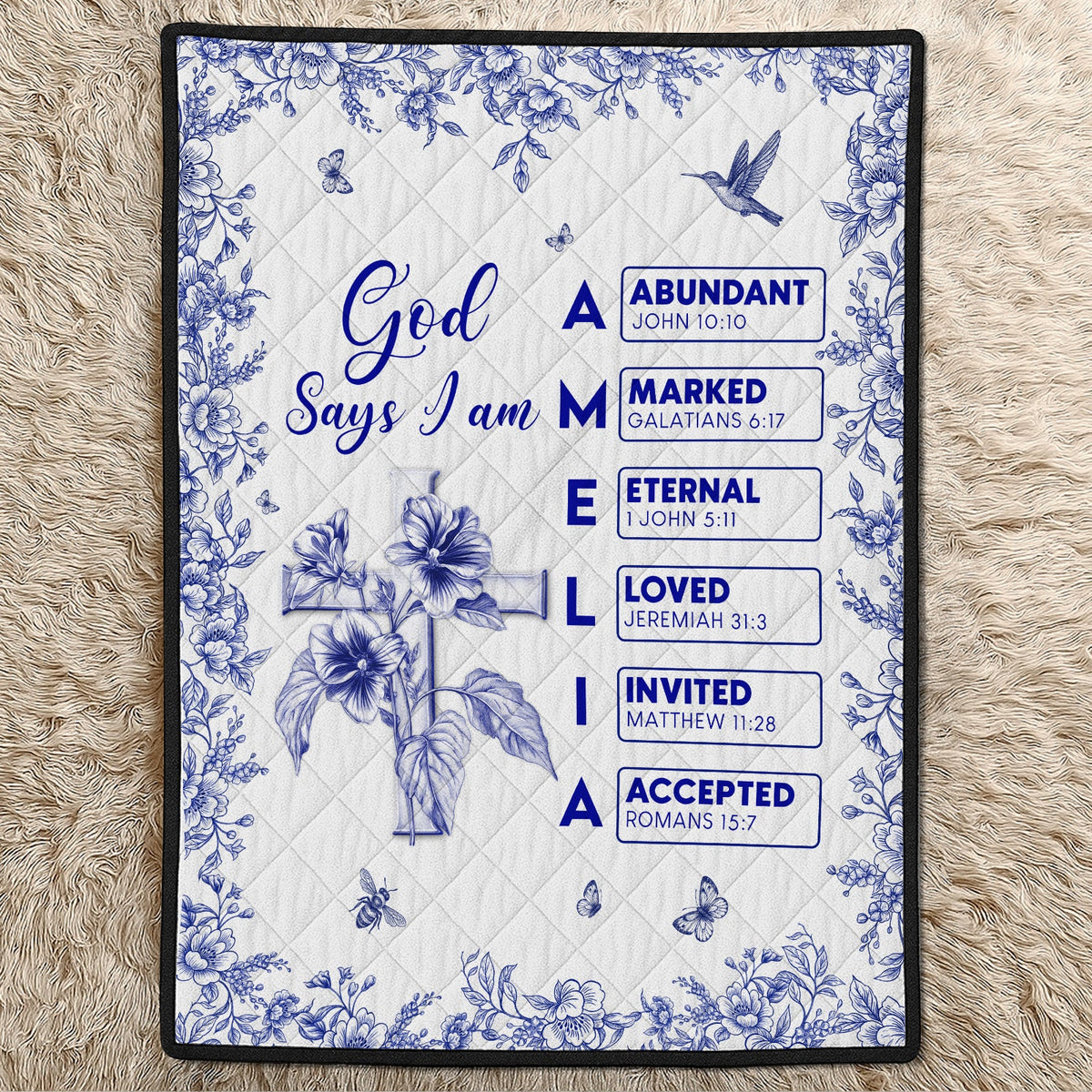 Personalized Christian blanket featuring floral design with scripture verses and name Amelia