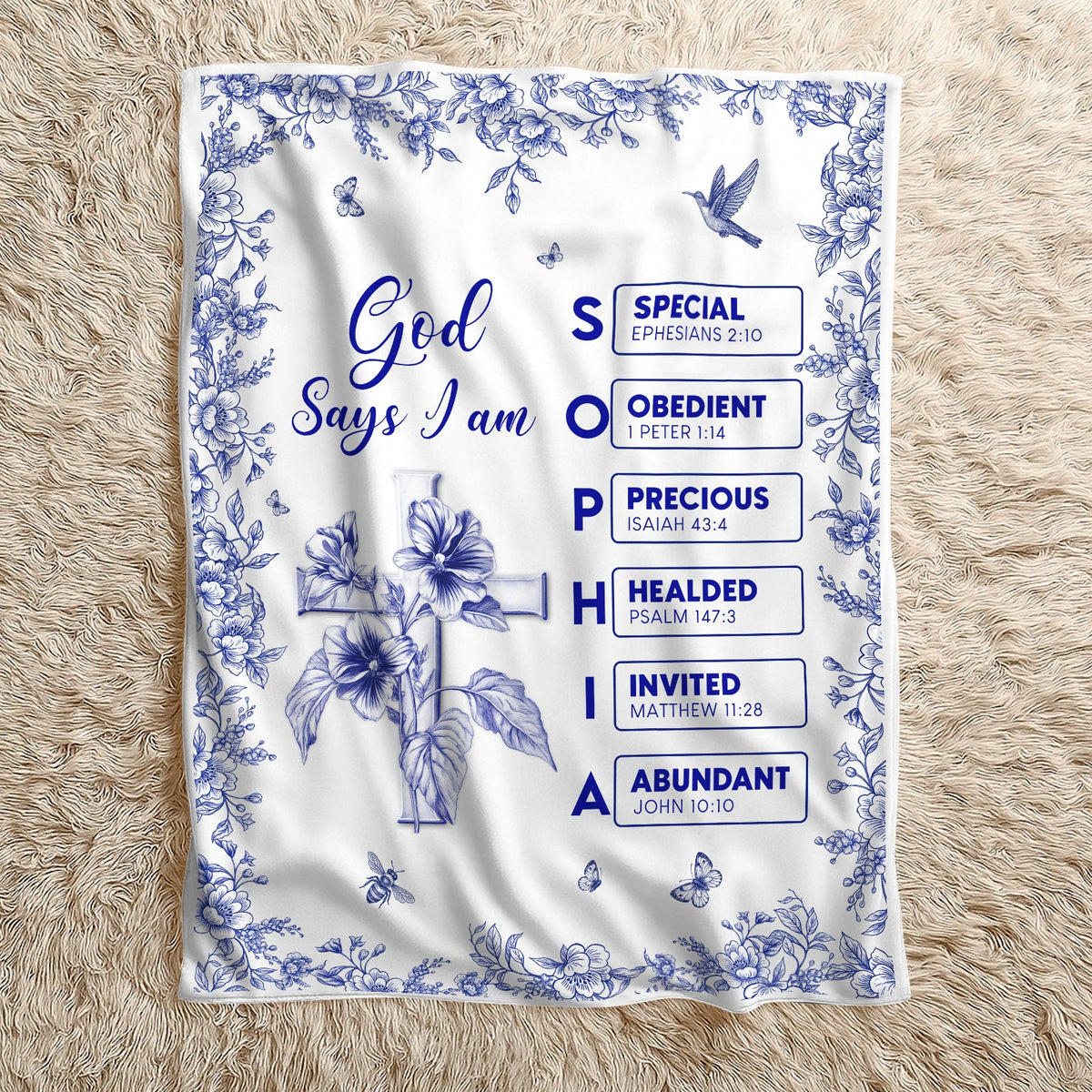 Personalized Christian blanket featuring floral design and inspirational verses for a cozy home decor