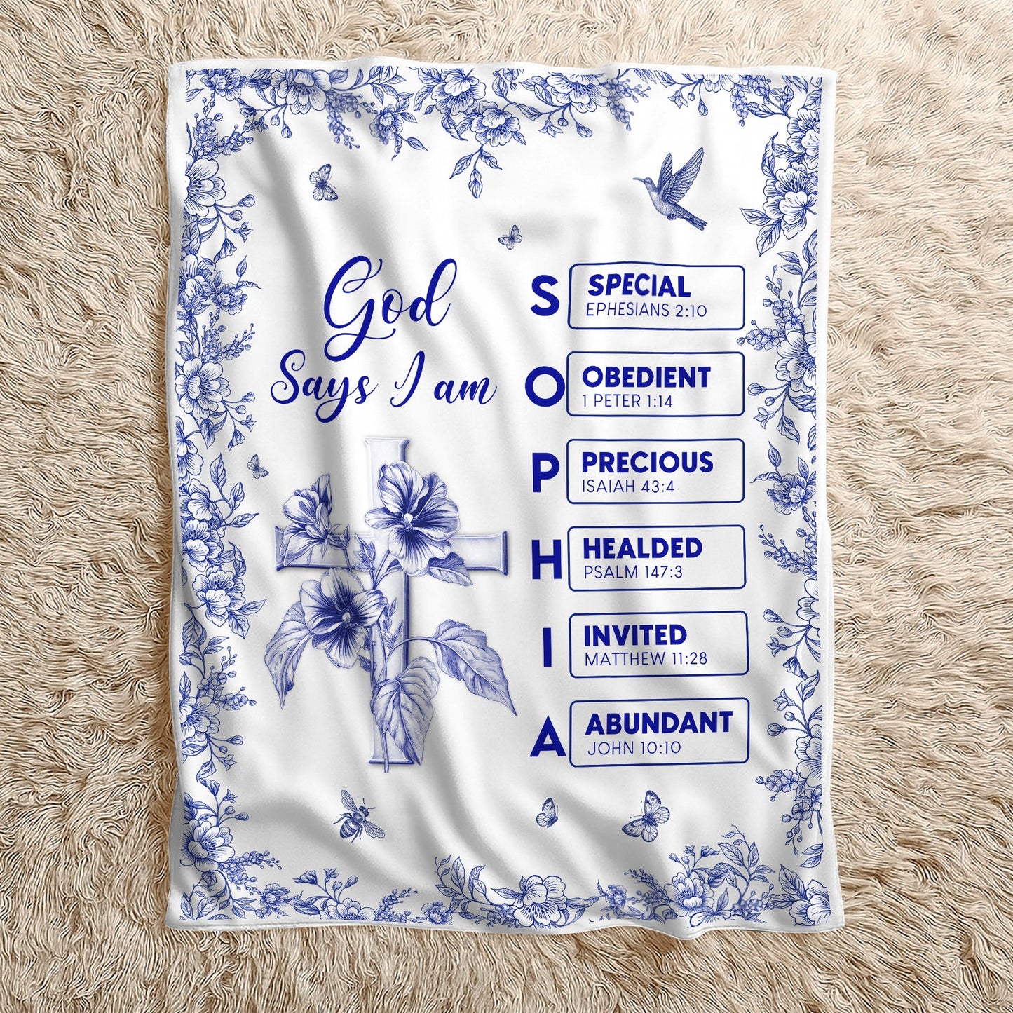 Personalized Christian blanket featuring floral design and inspirational verses for a cozy home decor