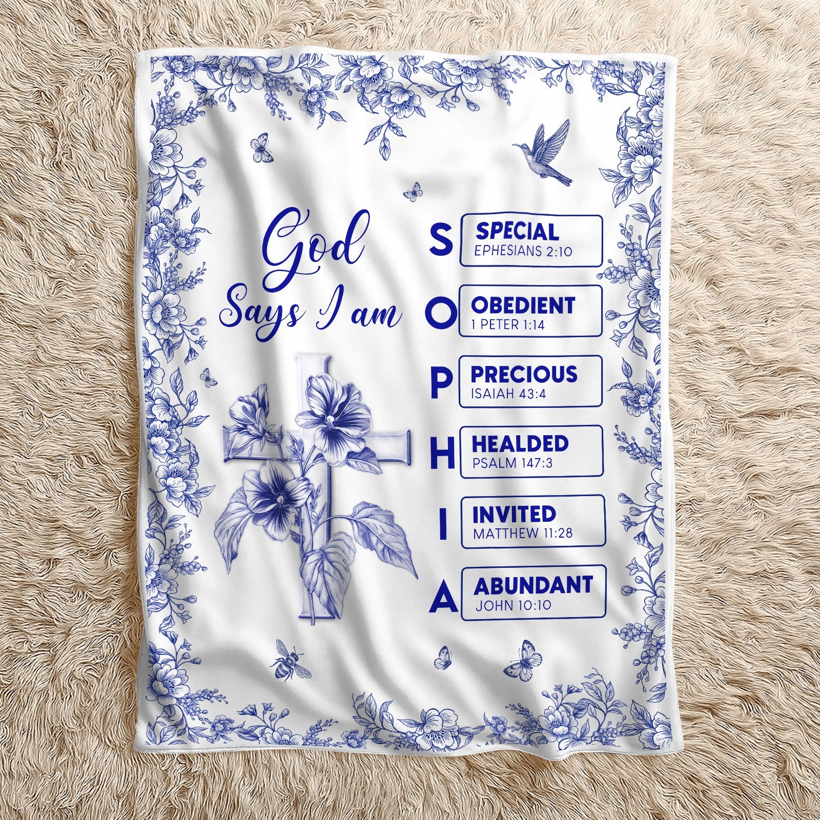 Personalized Christian blanket featuring floral design and inspirational verses for a cozy home decor