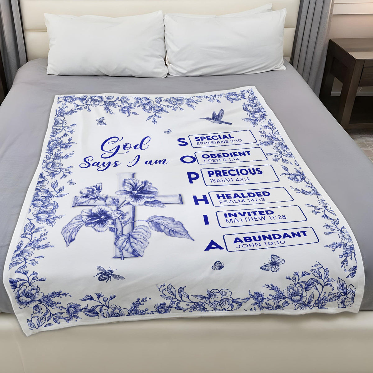 Personalized Christian blanket with floral design and scripture for cozy home decor