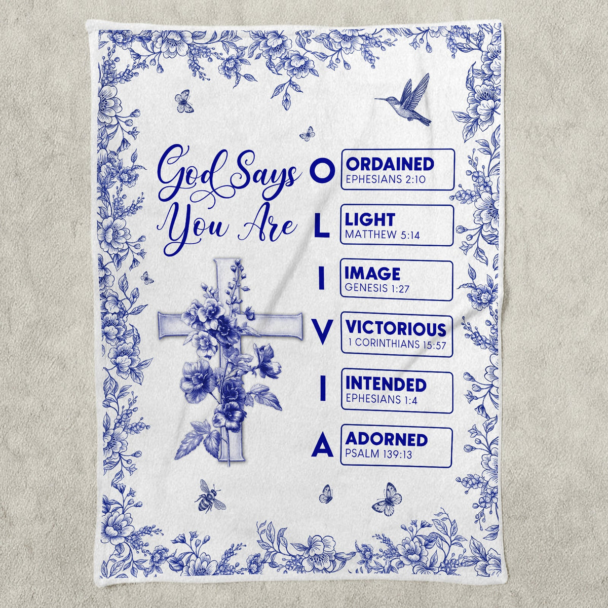 Personalized Christian blanket featuring floral design and inspirational messages for a unique home decor item