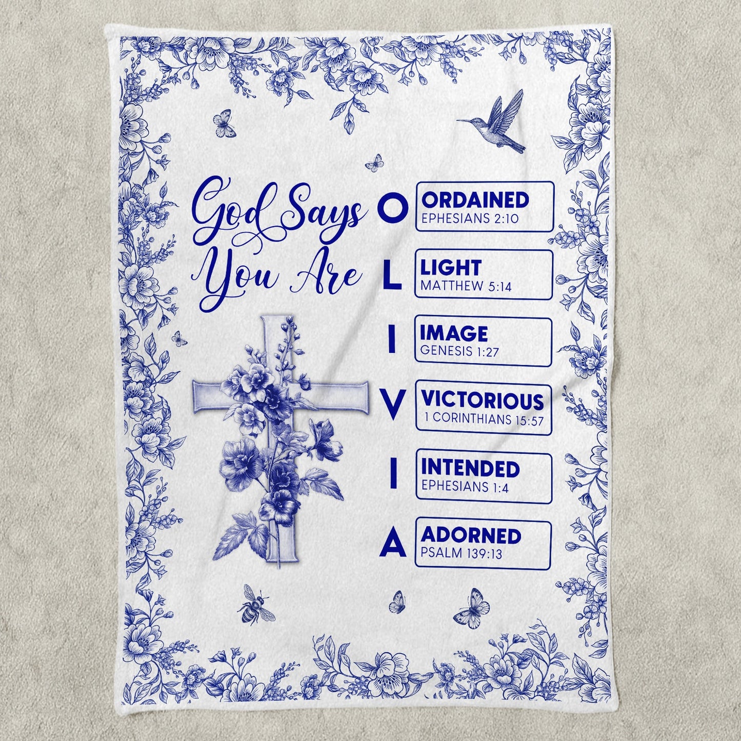 Personalized Christian blanket featuring floral design and inspirational messages for a unique home decor item