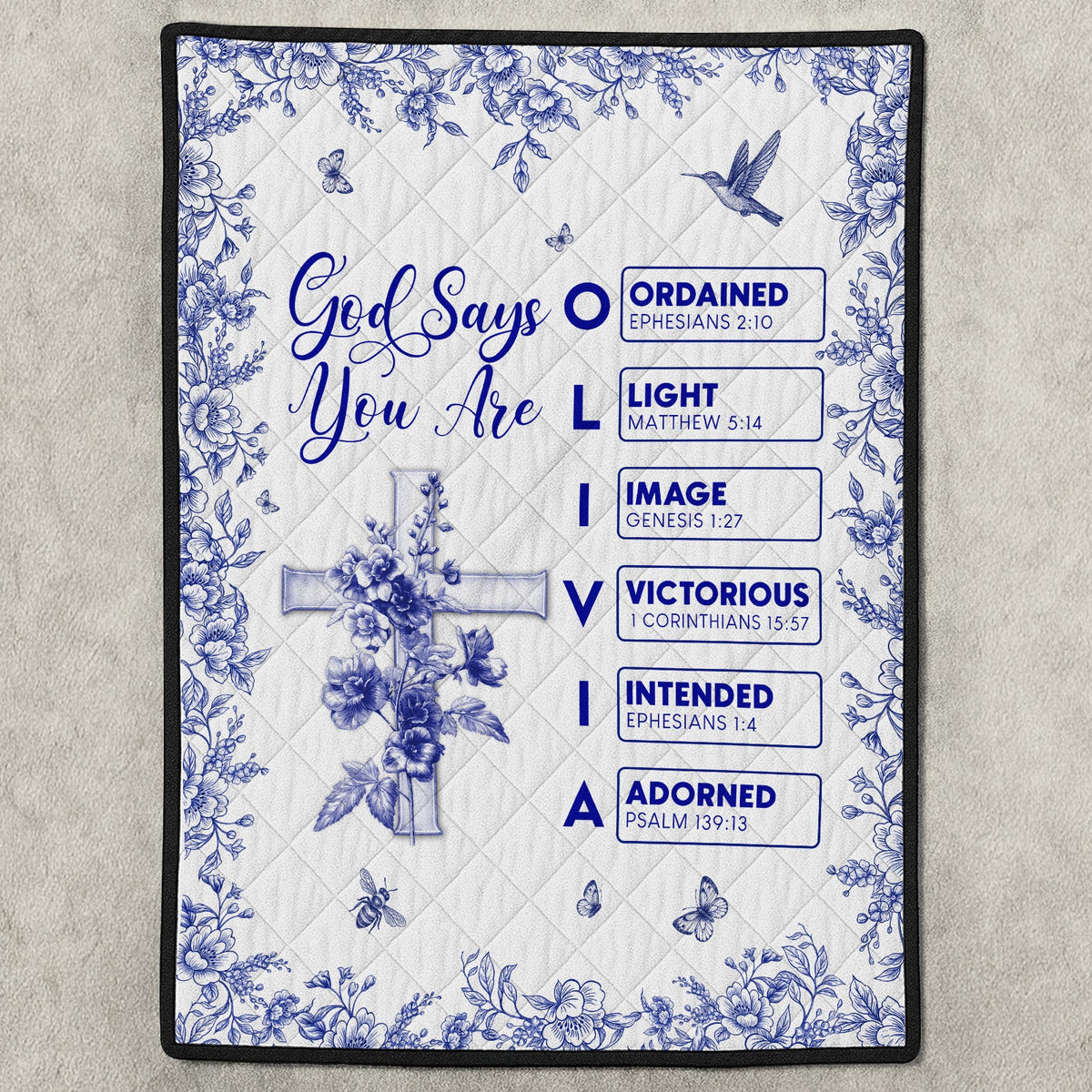 Personalized Christian blanket featuring floral design and inspirational Bible verses for a meaningful home decor