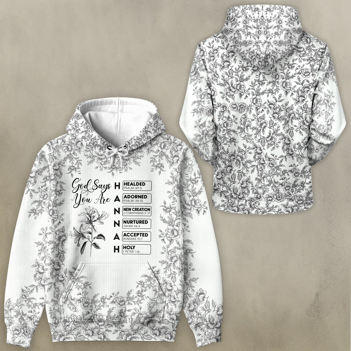 Personalized Christian hoodie featuring inspirational text and floral design for a stylish look